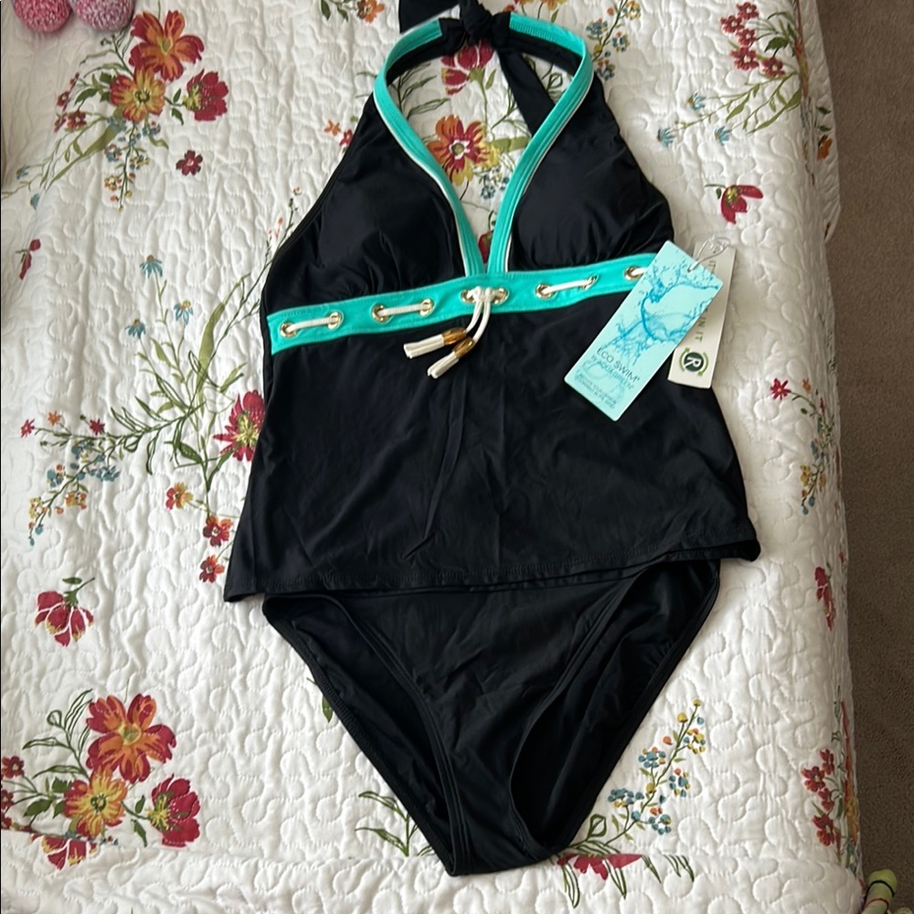 New Aqua Green Black and Teal 2 piece Swimsuit set